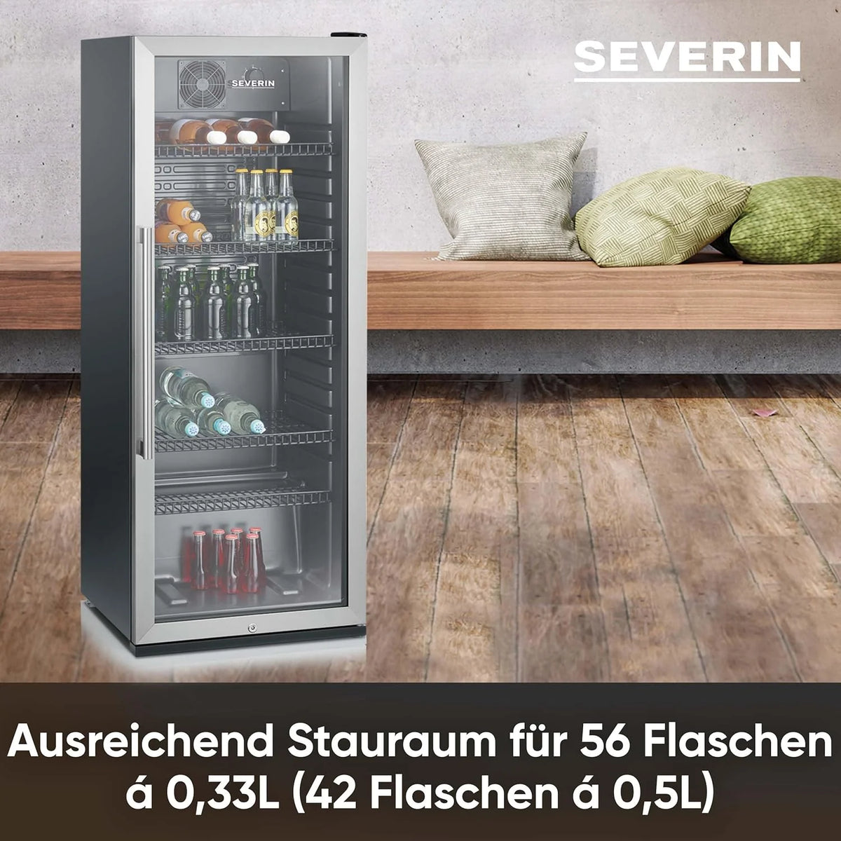 Nevera para botellas SEVERIN 2026, con cerradura integrada e iluminación LED integrada, capacidad neta de 118 L, color negro/plata, FSK 8840