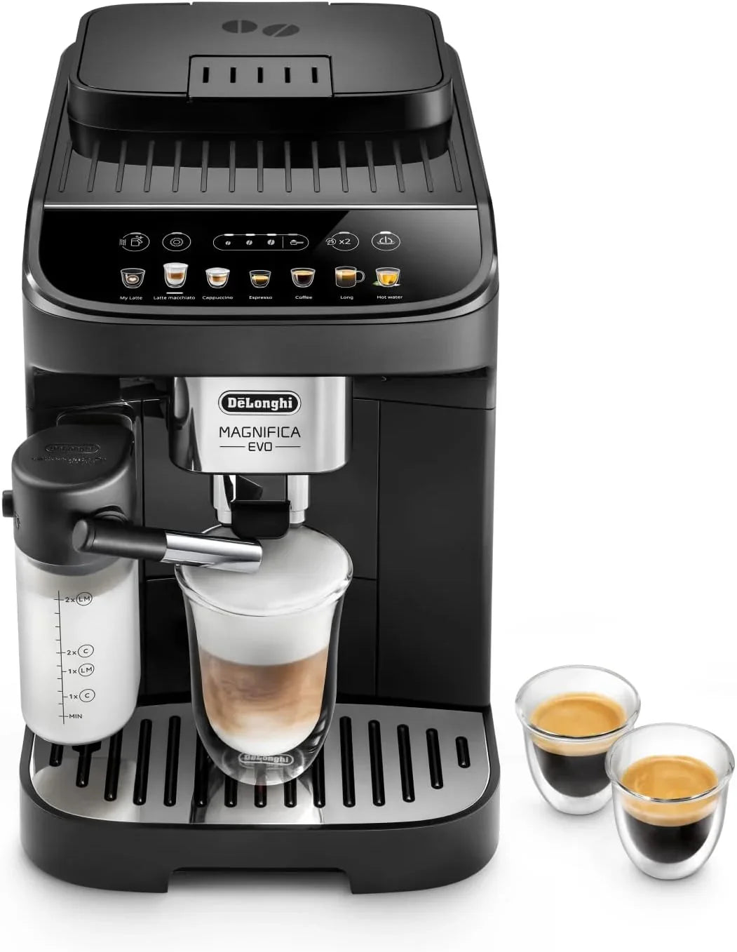 Cafetera automática De'Longhi Magnifica Evo ECAM 292.81.B (modelo 2026) con sistema de leche LatteCrema, 7 botones de selección directa para capuchino, espresso y otras especialidades de café, función para 2 tazas, color negro.