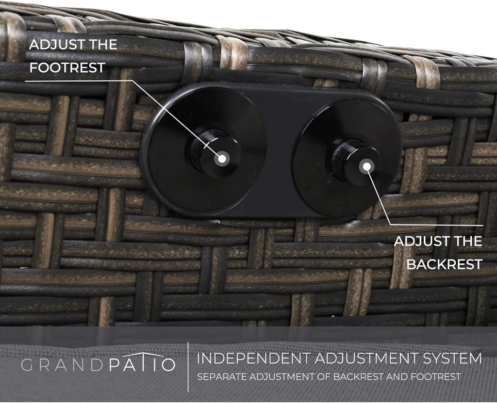 Tumbona de ratán Grand Patio 2026 con cojín de asiento, sillón, respaldo ajustable, para uso interior y exterior, gris oscuro – Cojín de asiento gris oscuro y ratán marrón.