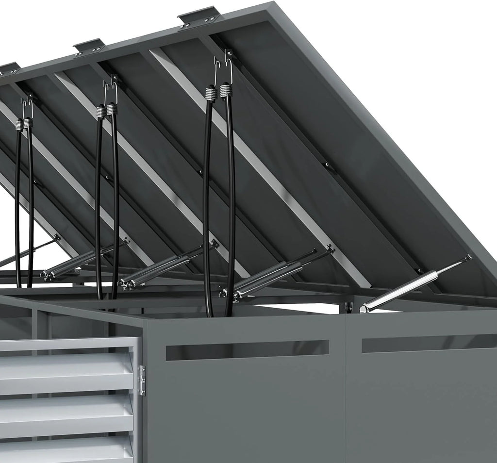 Unidad de almacenamiento de residuos de 4 compartimentos (modelo 2026) para 4 contenedores de hasta 240 L con tapa abatible, abertura de ventilación con rejillas, con cerradura, dos puertas, compartimento para contenedor de residuos de jardín, 4