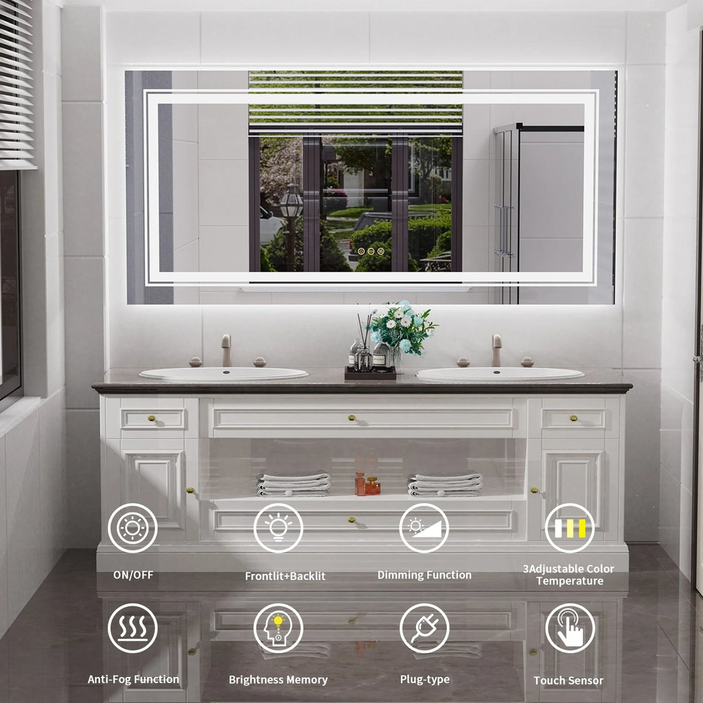 2026 Extra Large LED Lighted Bathroom Mirror, Anti-Fog Wall Mounted Vanity Mirror with 3 Colors