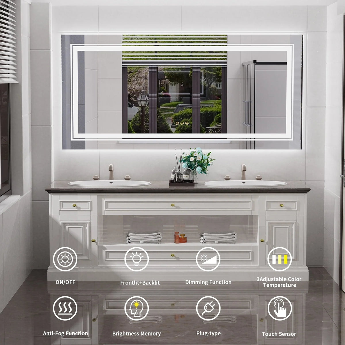 2026 Extra Large LED Lighted Bathroom Mirror, Anti-Fog Wall Mounted Vanity Mirror with 3 Colors