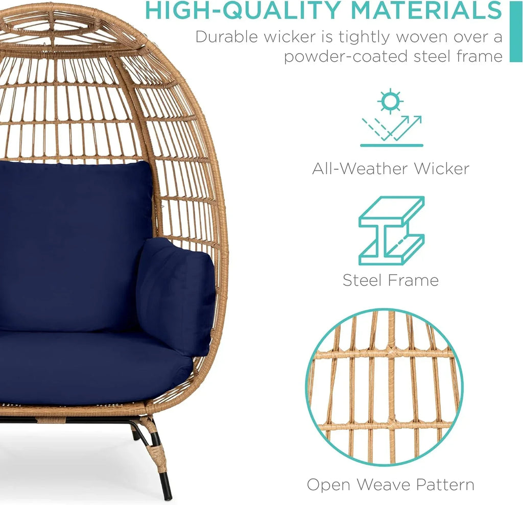 2026 Ivory Wicker Egg Chair, Oversized Indoor Lounger, 440lb Capacity, Bohemian Style, Steel Frame, Cushions Included