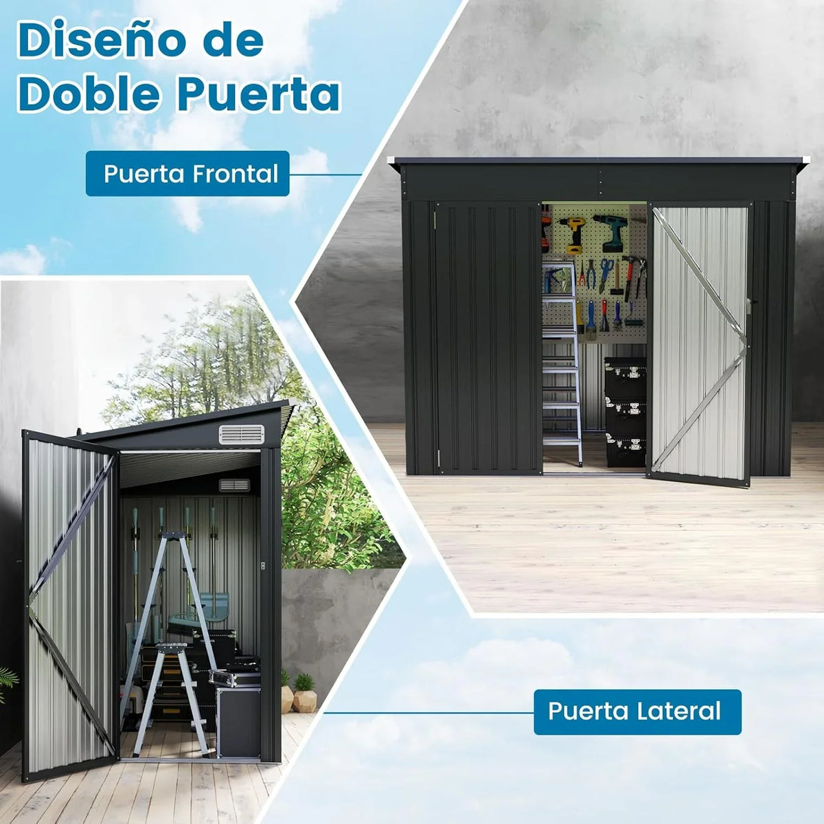 2026 COSTWAY Caseta Jardin Exterior, 235 x 117 x 185 cm, obertizo Jardin Exterior con 2 Puertas, Techo Inclinado, Casita Organizador de Metal Galvanizado, Organizador de Herramientas para Jardín Patio