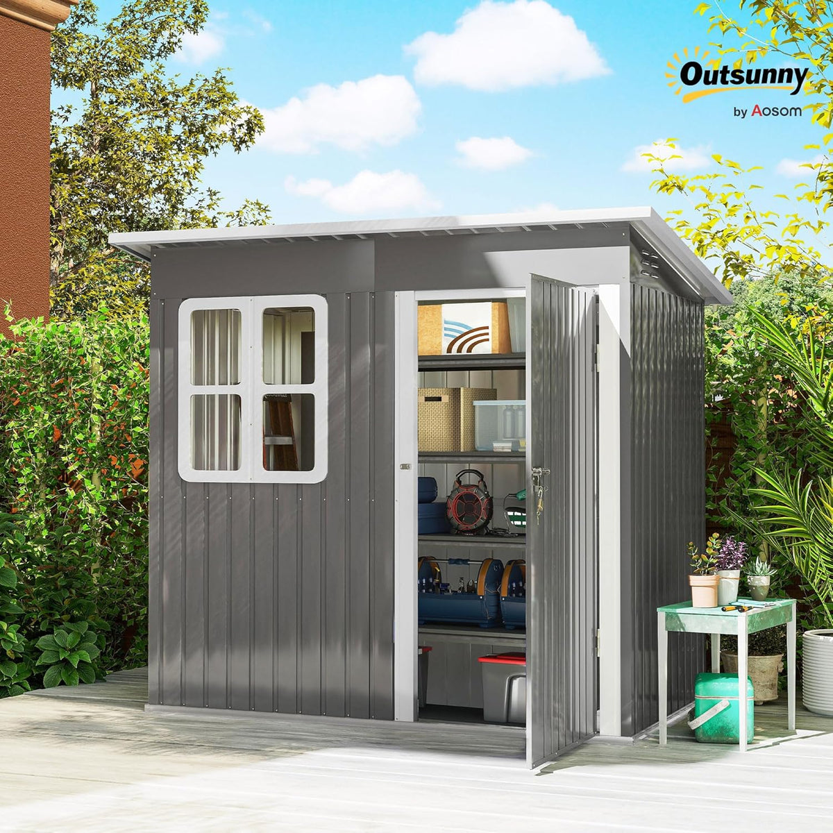 2026 Outsunny Caseta de Jardín Exterior, 2,55 m² 221x133x190 cm, Cobertizo de Jardín Exterior Metálico con Ventana, Puerta con Cerradura y Ventilaciones, para Almacenamiento de Herramientas, Gris Oscuro