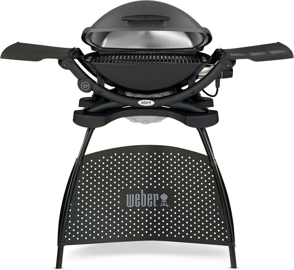 Parrilla eléctrica Weber Q2400 de 2026 con soporte y mesas laterales, superficie de cocción de 54 x 39 cm, portátil, rejilla de cocción de hierro fundido esmaltado en porcelana de 2 piezas, tapa y carcasa de aluminio fundido – Gris oscuro (55020879)