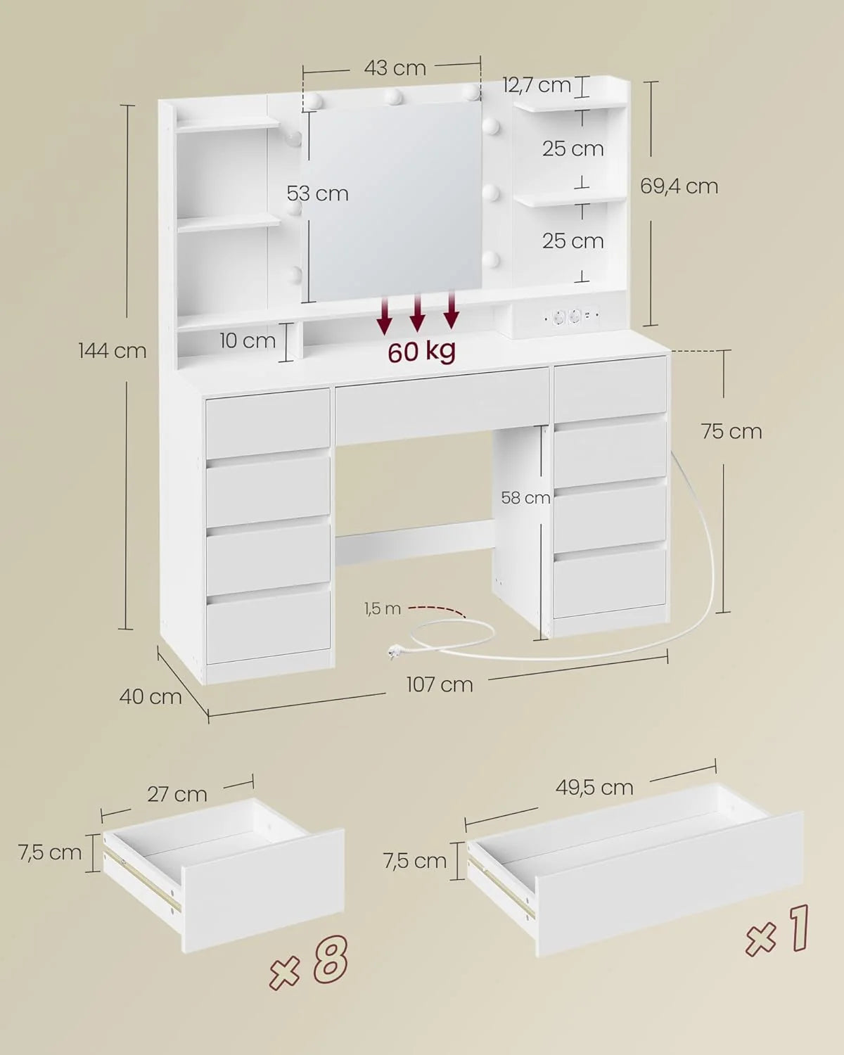 Colección Kailyn de VASAGLE 2026: Tocador con espejo y luces LED, regleta, 9 cajones, 9 bombillas regulables, 3 colores de luz, rieles deslizantes sin herramientas, blanco nube RDT141WB02
