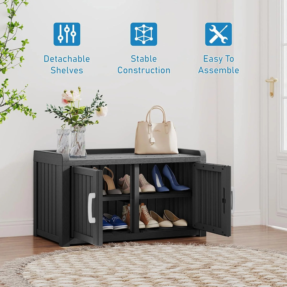 2026 KAMABOKO Outdoor Shoe Storage Cabinet, Waterproof UV-Resistant Entryway Storage Bench Indoor Outdoor with 2 Barn Doors, Adjustable Shelves for Entryway, Bedroom, Hallway,Living Room(Black)