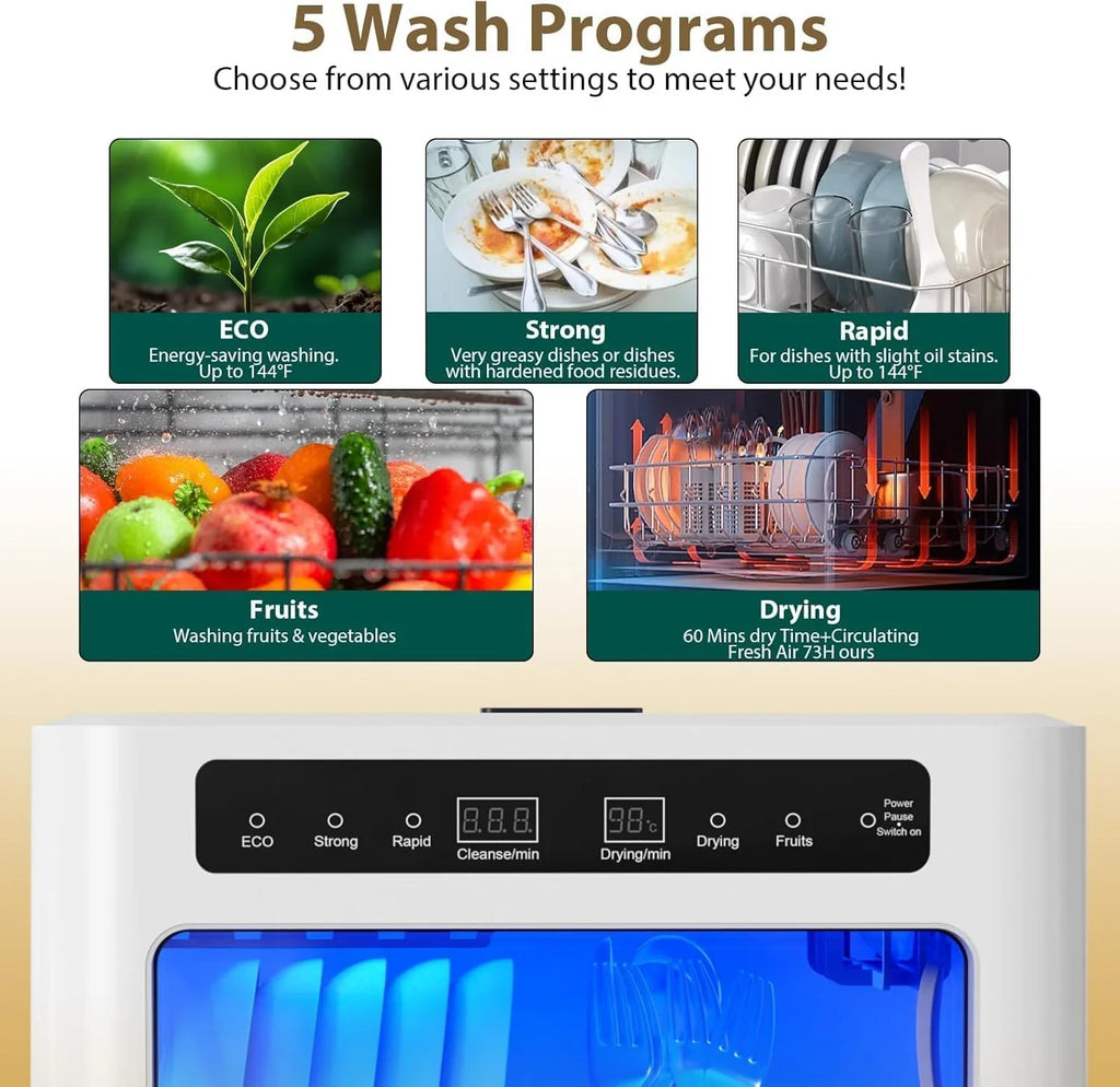2026 Encimera lavavajillas portátil de 800W, lavavajillas de mesa con 6 programas y tanque de agua de 6L, mini lavavajillas con cubierta semitransparente e indicador LED, perfecto y sencillo para