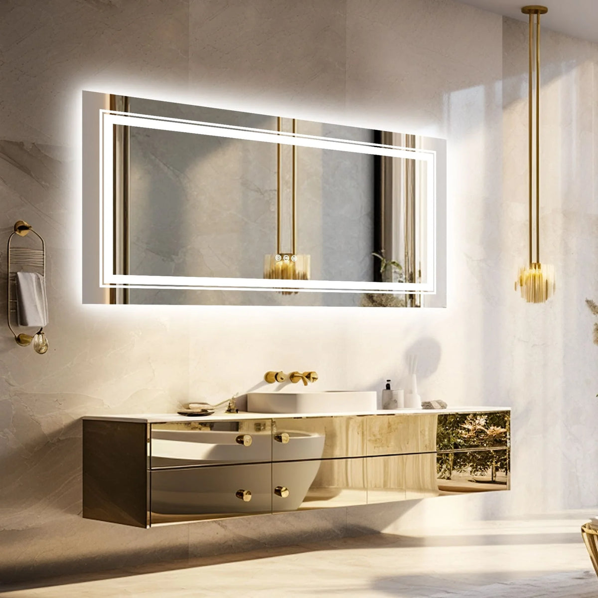 2026 Extra Large LED Lighted Bathroom Mirror, Anti-Fog Wall Mounted Vanity Mirror with 3 Colors