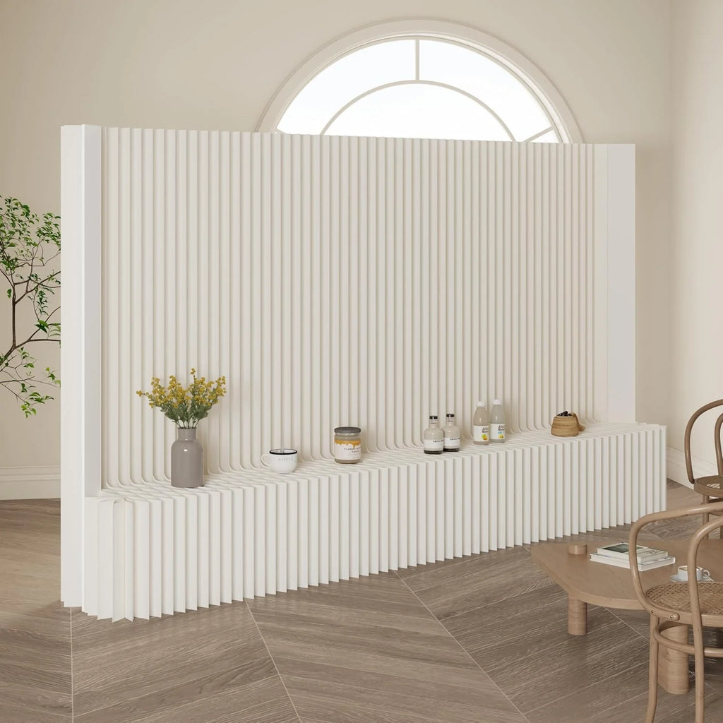 Separador de ambientes plegable 2026 con estante de almacenamiento, mampara de privacidad flexible, ideal para oficina, sala de estar, tiendas, dormitorio, balcón (blanco) (300 x 43 x 200 cm)