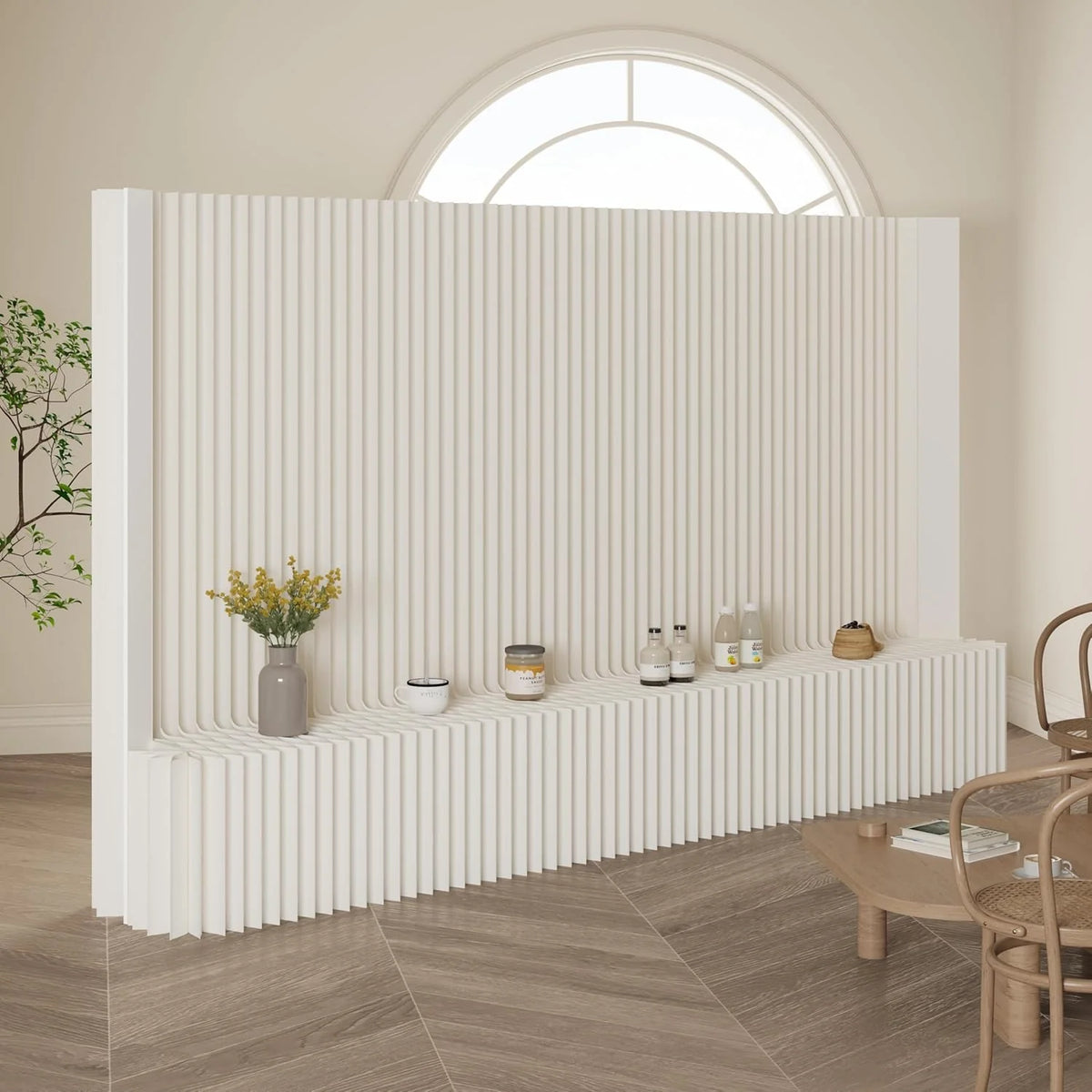 Separador de ambientes plegable 2026 con estante de almacenamiento, mampara de privacidad flexible, ideal para oficina, sala de estar, tiendas, dormitorio, balcón (blanco) (300 x 43 x 200 cm)
