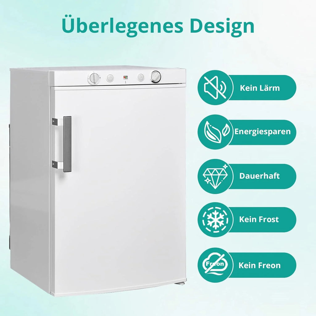 Refrigerador/congelador SMETA 2026 a gas, 12V/230V, refrigerador con compartimento congelador de 100L, refrigerador combinado silencioso para camping, hogar, caravana, garaje, puerta, autocaravana, blanco