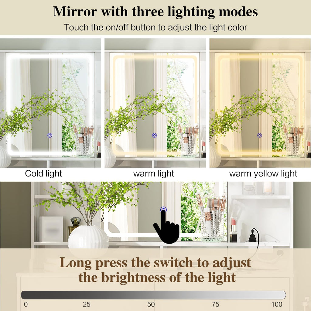2026 Makeup Vanity Desk with Mirror and Lights, Vanity Desk with 8 Drawers & Storage Shelves, Vanity Table with Power Outlet, 3 Color Modes & Adjustable Brightness Dressing Table, Bedroom, White