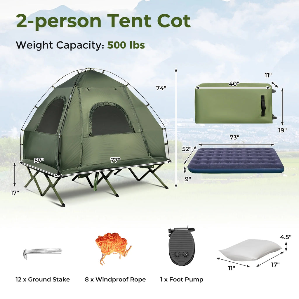 2026 Patiojoy Folding 2-Person Camping Tent Cot Portable Pop-Up Tent with Sleeping Bag&Air Mattress for Outdoor Activity