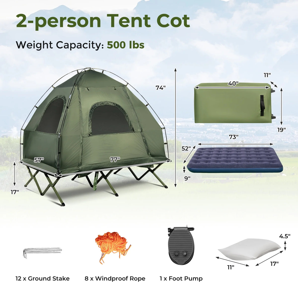 2026 Patiojoy Folding 2-Person Camping Tent Cot Portable Pop-Up Tent with Sleeping Bag&Air Mattress for Outdoor Activity