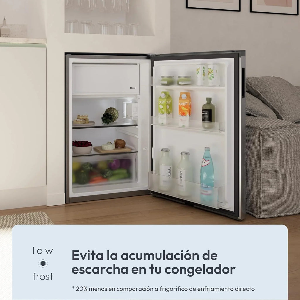 2026 Candy CNOQ2S58EX, Frigorífico Mini con Congelador, Ancho x Alto 54,5 x 85cm, 129L, 2 Estantes, 3 Balconeras, 1 Cajón, Control Mecánico de la temperatura, Iluminación LED, Altura Ajustable, 37DB, Inox