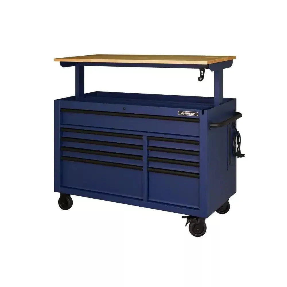 2026 Heavy-Duty 52 in. 9-Drawer Mobile Workbench with Adjustable-Height Solid Wood Top in Matte Blue