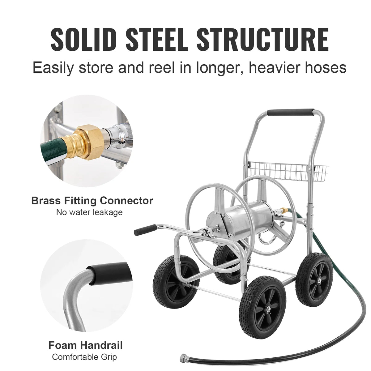 2026 VEVOR Hose Reel Cart, Hold Up to 250 ft of 5/8���� Hose, Garden Water Hose Carts Mobile Tools with 4 Wheels, Heavy Duty Powder-coated Steel Outdoor Planting with Storage Basket, for Garden, Yard, Lawn