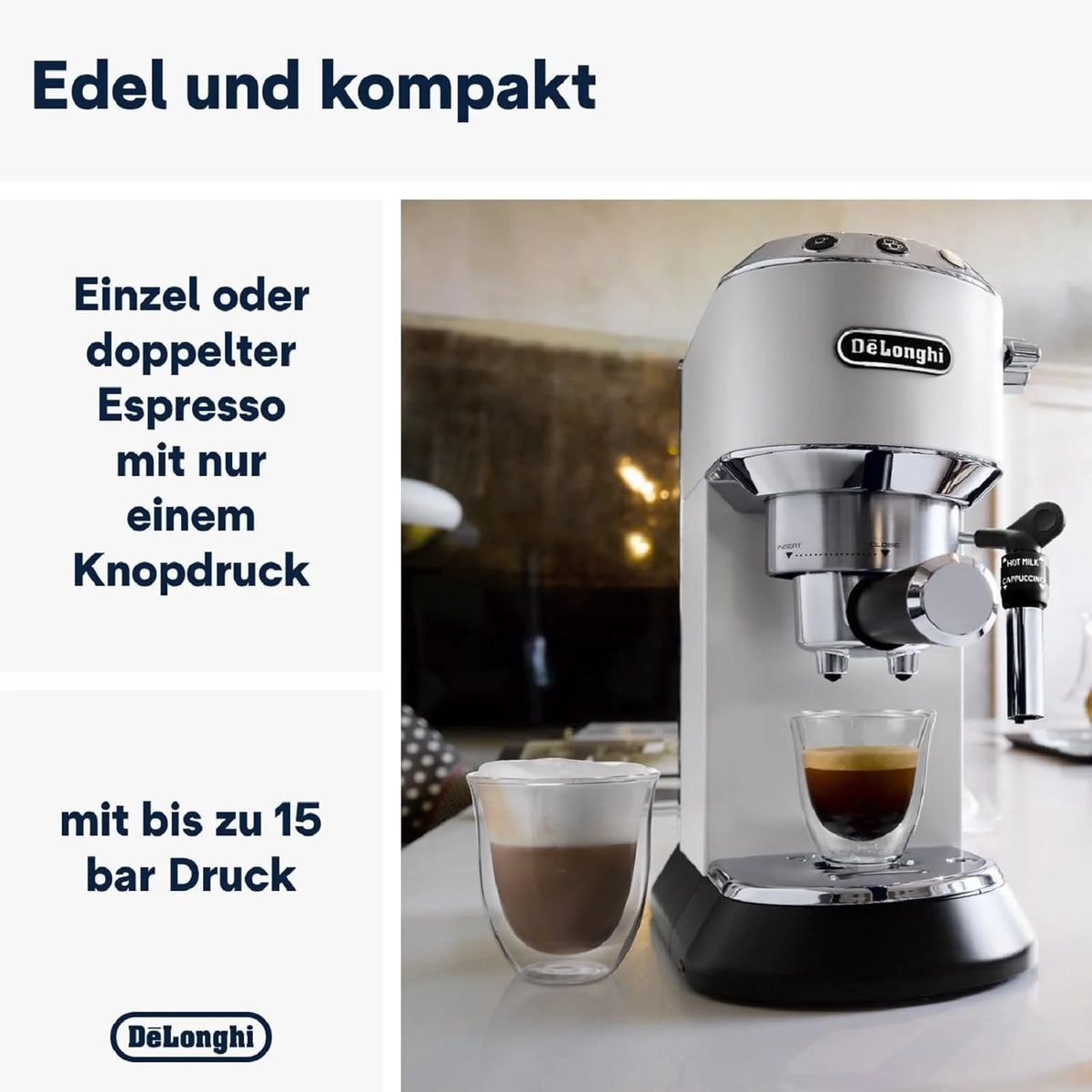 Cafetera espresso De'Longhi Dedica Style EC 685.M de 2026 con portafiltro, espumador de leche profesional, solo 15 cm de ancho, para café molido o cápsulas ESE, depósito de agua de 1 l, color plata.