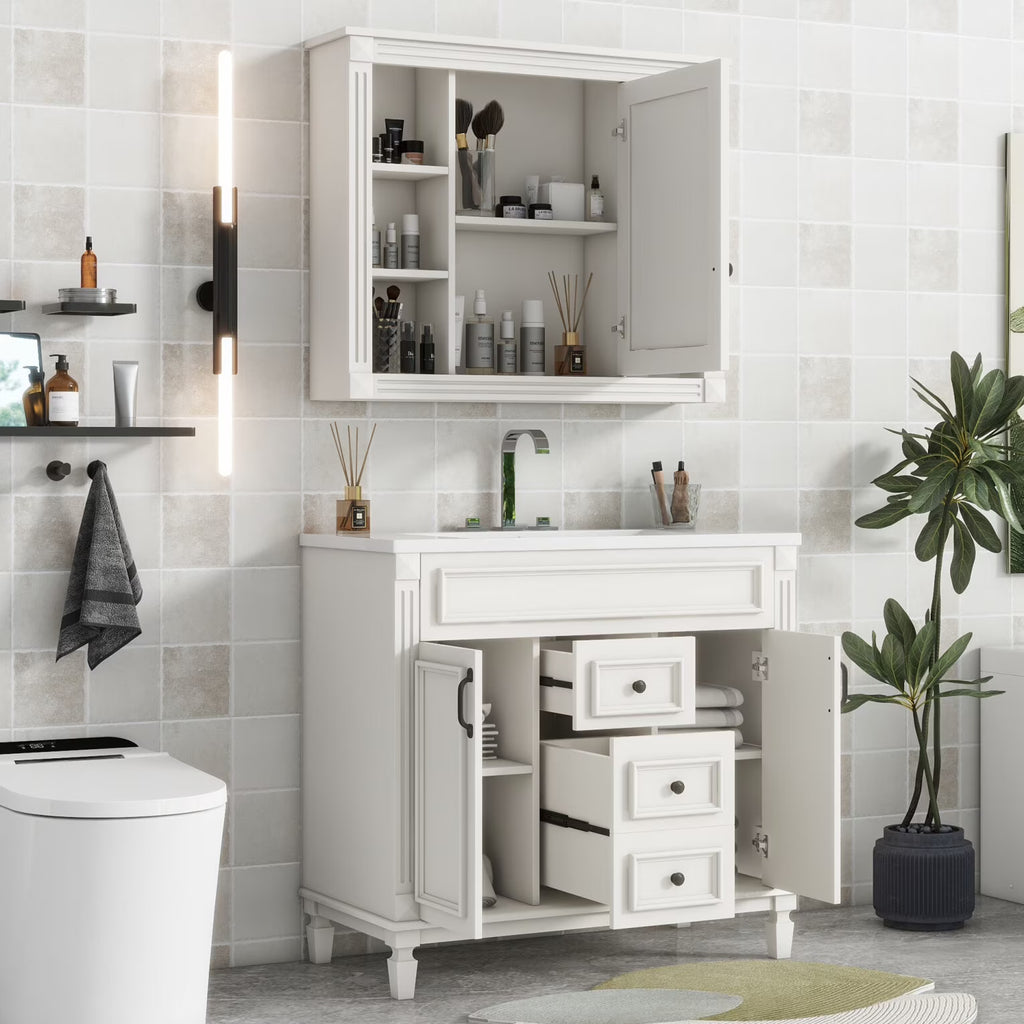 2026 Modern Bathroom Furniture Set, 36" Bathroom Vanity with Top Sink, 35" Wall Mounted Bathroom Storage Cabinet, Mirror Cabinet with 6 Shelves, Storage Cabinet with 2 Doors and 2 Drawers, Grey