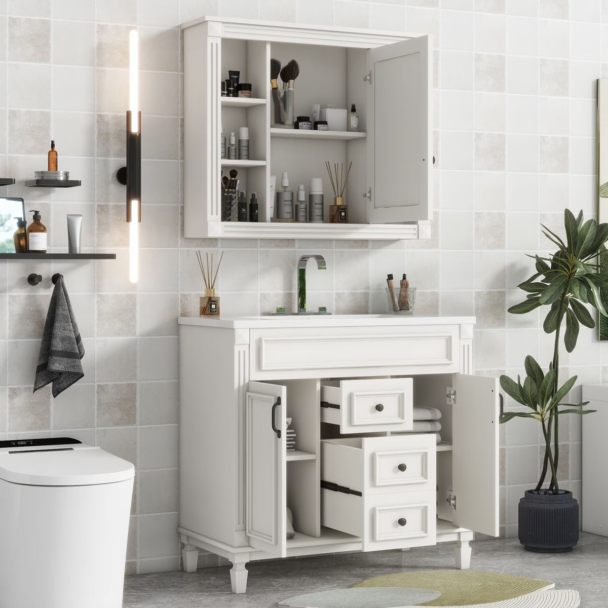 2026 Modern Bathroom Furniture Set, 36" Bathroom Vanity with Top Sink, 35" Wall Mounted Bathroom Storage Cabinet, Mirror Cabinet with 6 Shelves, Storage Cabinet with 2 Doors and 2 Drawers, Grey