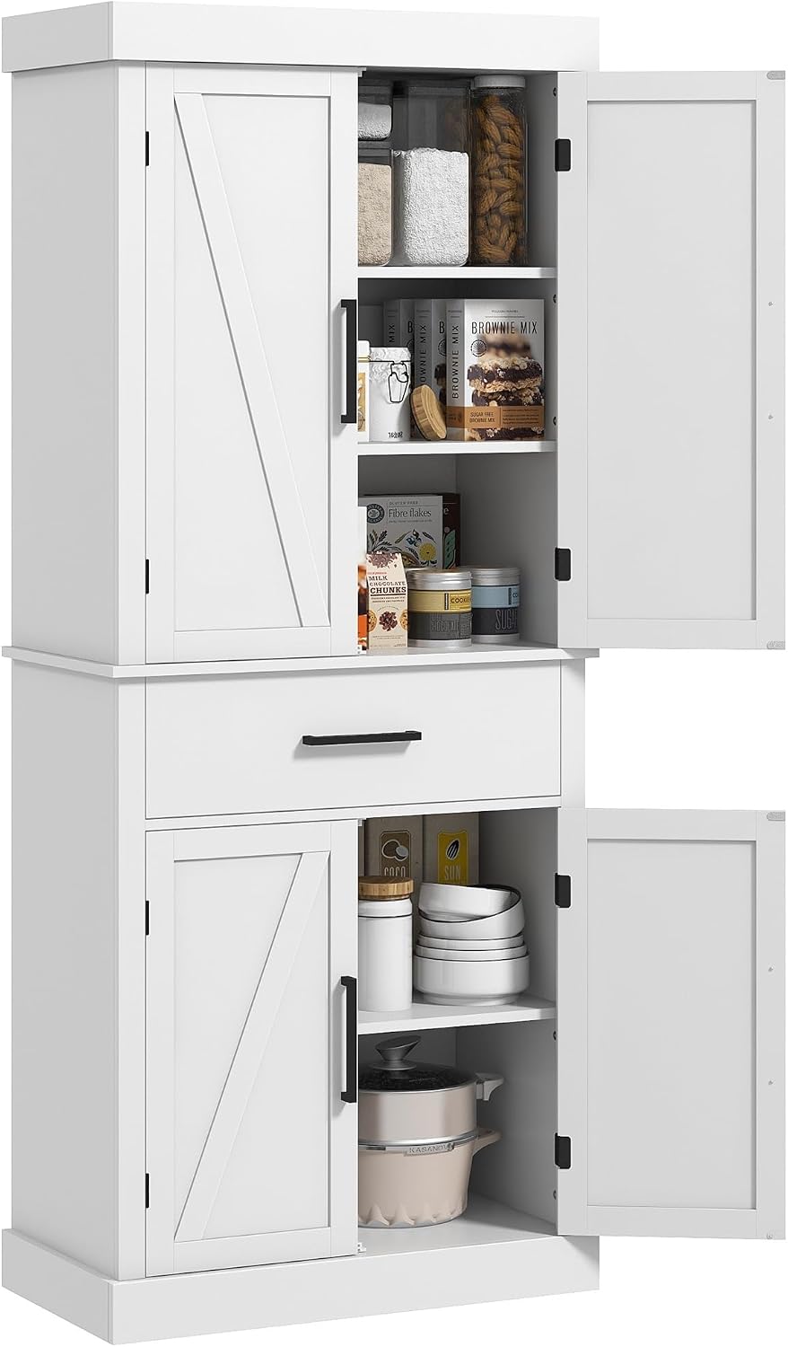 2026 72" Tall Kitchen Pantry Cabinet Adjustable Shelves Barn Doors White