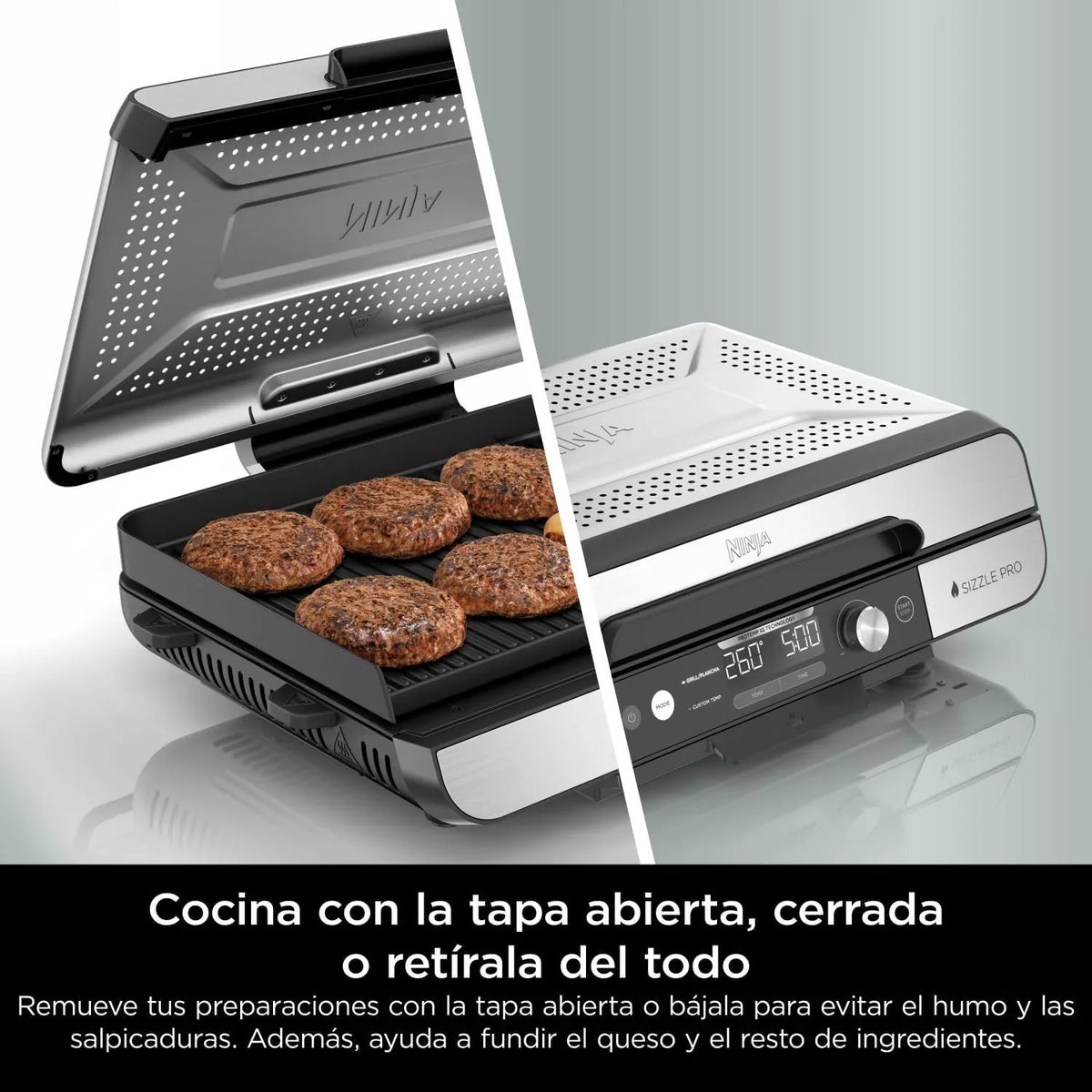 Parrilla y plancha de interior Ninja Sizzle Pro XL con placa y plancha de cerámica antiadherente, tapa desmontable, recolector de grasa y guía de recetas, plata/negro GX101EU 2026