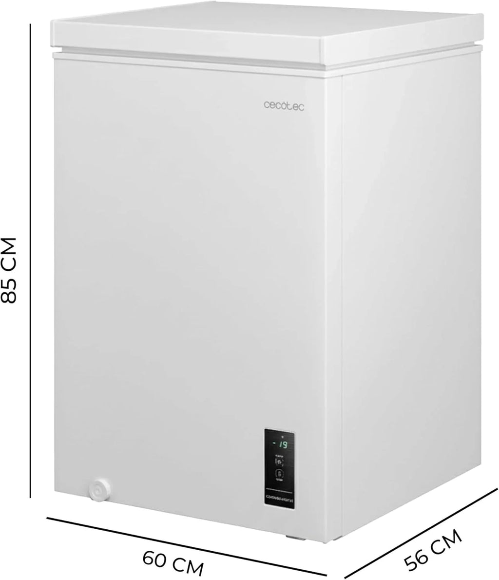 Congelador horizontal Cecotec Bolero CoolMarket 143L blanco, modelo 2026. Cesta con asas, control electrónico LED, UltraContact D – Cool, doble función, puerta ZeroG (80º – 30º), congelación rápida, compacto.
