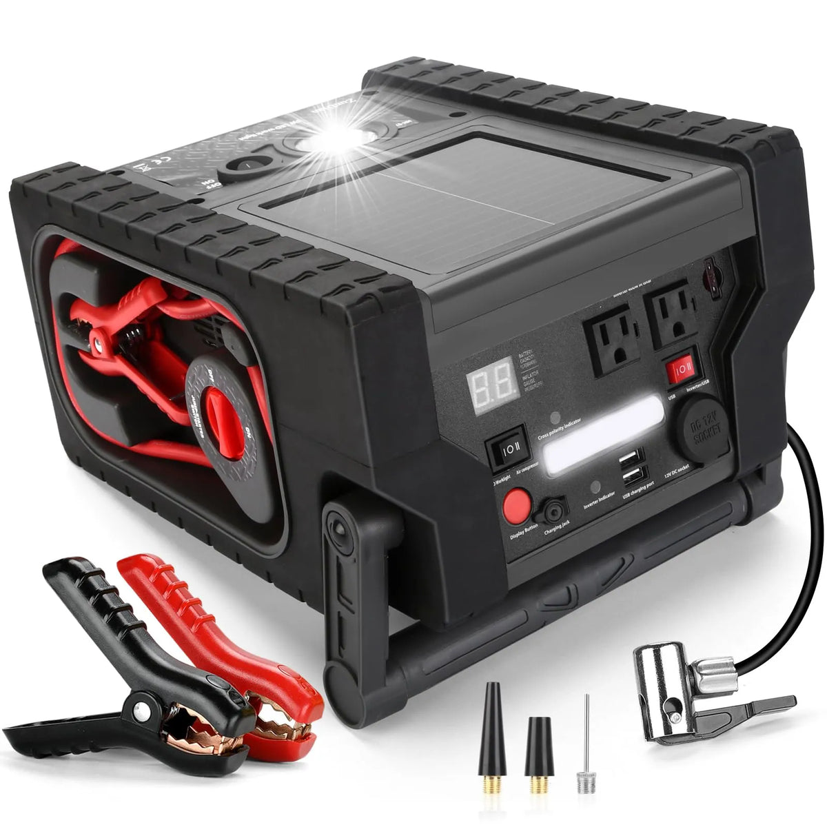 2026 Solar Portable Power Station 2000 Amps Jump Starter, 260 PSI Air Compressor, 12V Car Battery Charger with 400W Inverter Dual Ac/dc/usb…