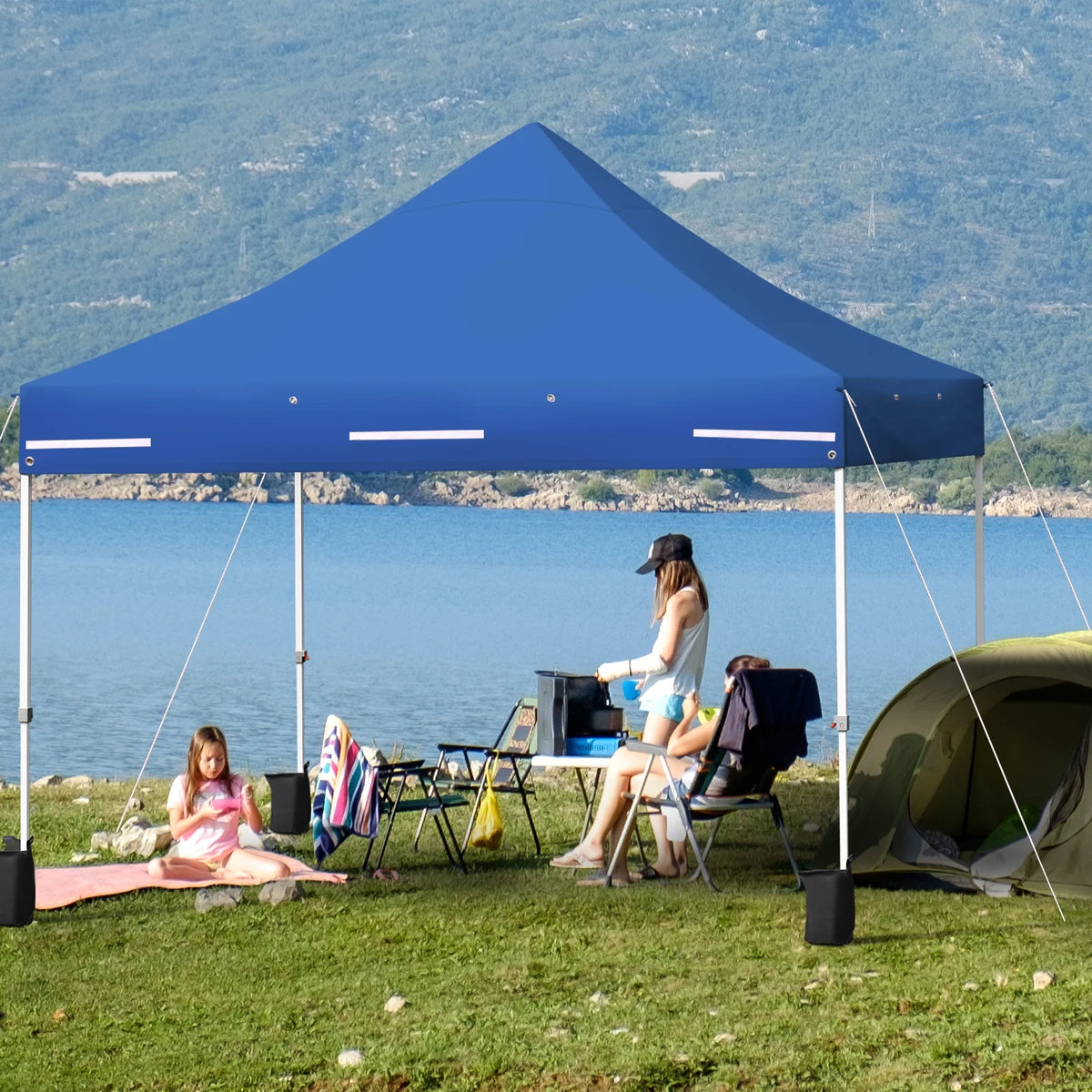 2026 Patiojoy 10x10ft Pop up Tent, 4 Height Adjustment Folding Camping Tent with Awning Blue