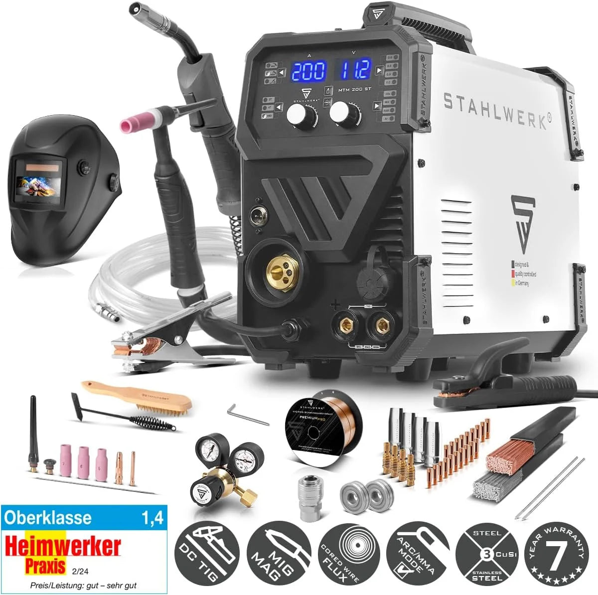Máquina de soldadura por arco metálico con gas combinada STAHLWERK 3 en 1 MTM – 200 ST 2026 – Equipo completo – TIG, MIG/MAG, MMA/Stick hasta 200 A, alimentación de alambre sinérgica, accionamiento de 4 rodillos, adecuada para alambre tubular, acero
