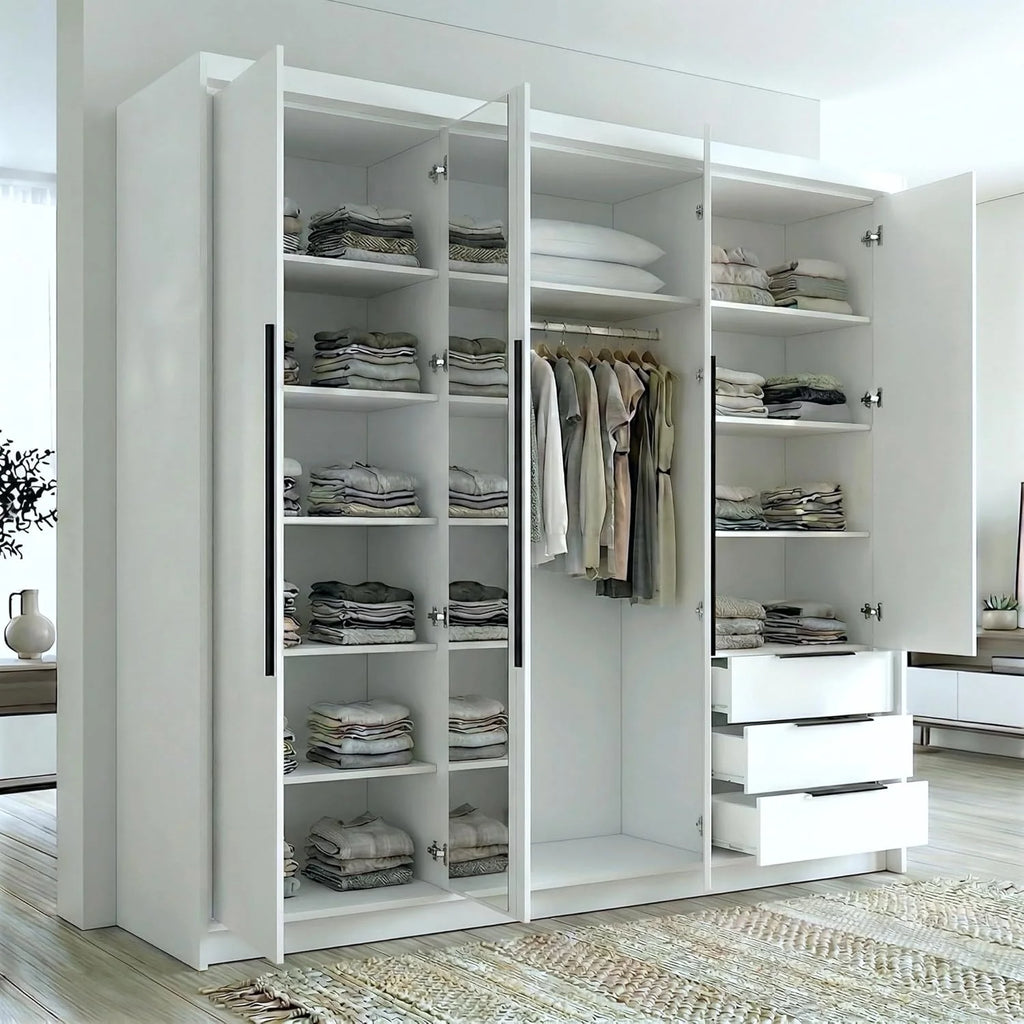 2026 A and J MöbelLand VIVO Armario de 4 puertas con espejo y cajones – 200 x 215 cm – Armario con puertas batientes, barra para colgar ropa y estantes