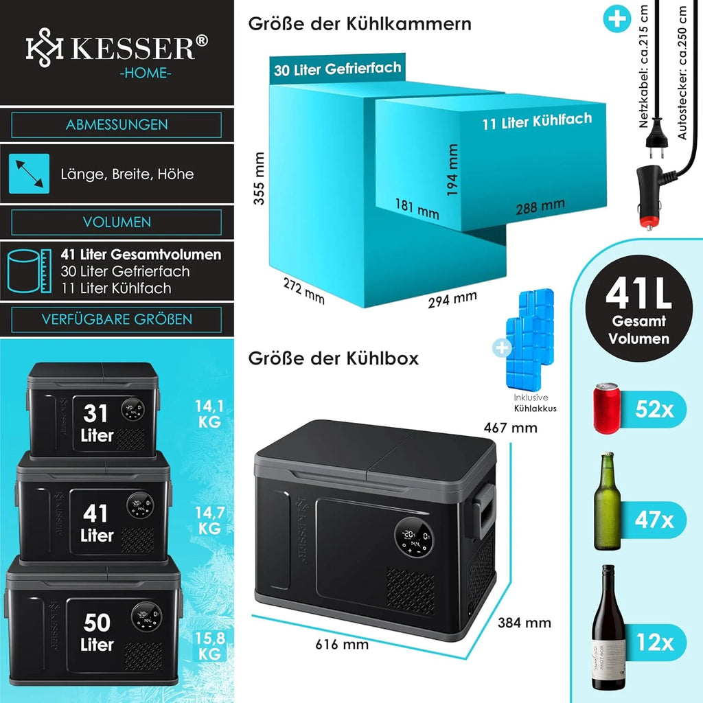 Nevera portátil KESSER 2026 con compresor, 2 en 1, doble zona de refrigeración y congelación, con congelador eléctrico, 2 acumuladores de frío y control táctil LED | Refrigerador con capacidad de enfriamiento hasta – 20 °C para camping, coche y