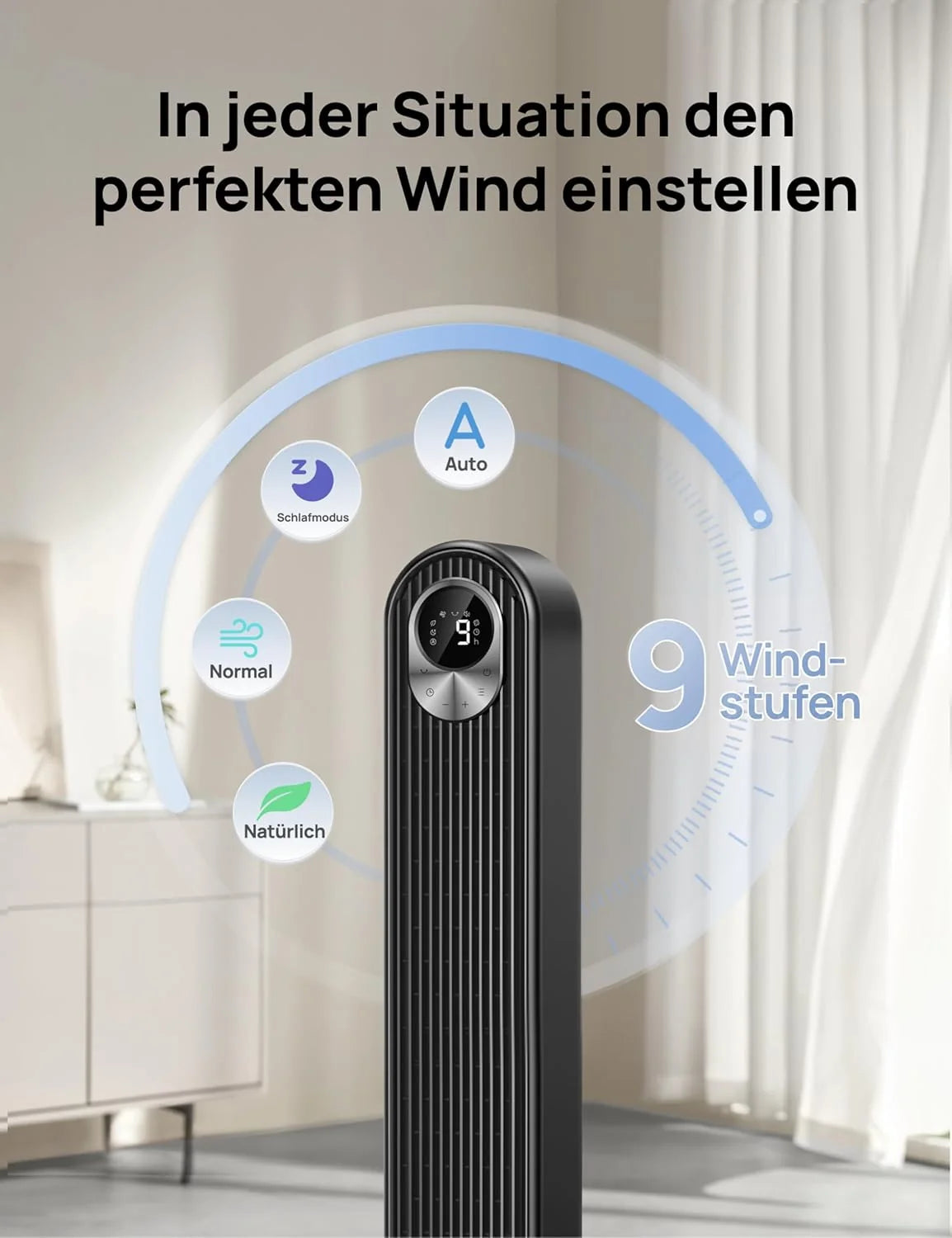 Ventilador de torre DREO 2026 con motor DC, silencioso, alcance de viento de 11 m con control remoto de refrigeración, 9 velocidades, 4 modos, ventilador de pie oscilante de 90° para dormitorio, ventilador de torre con temporizador de 12 horas.