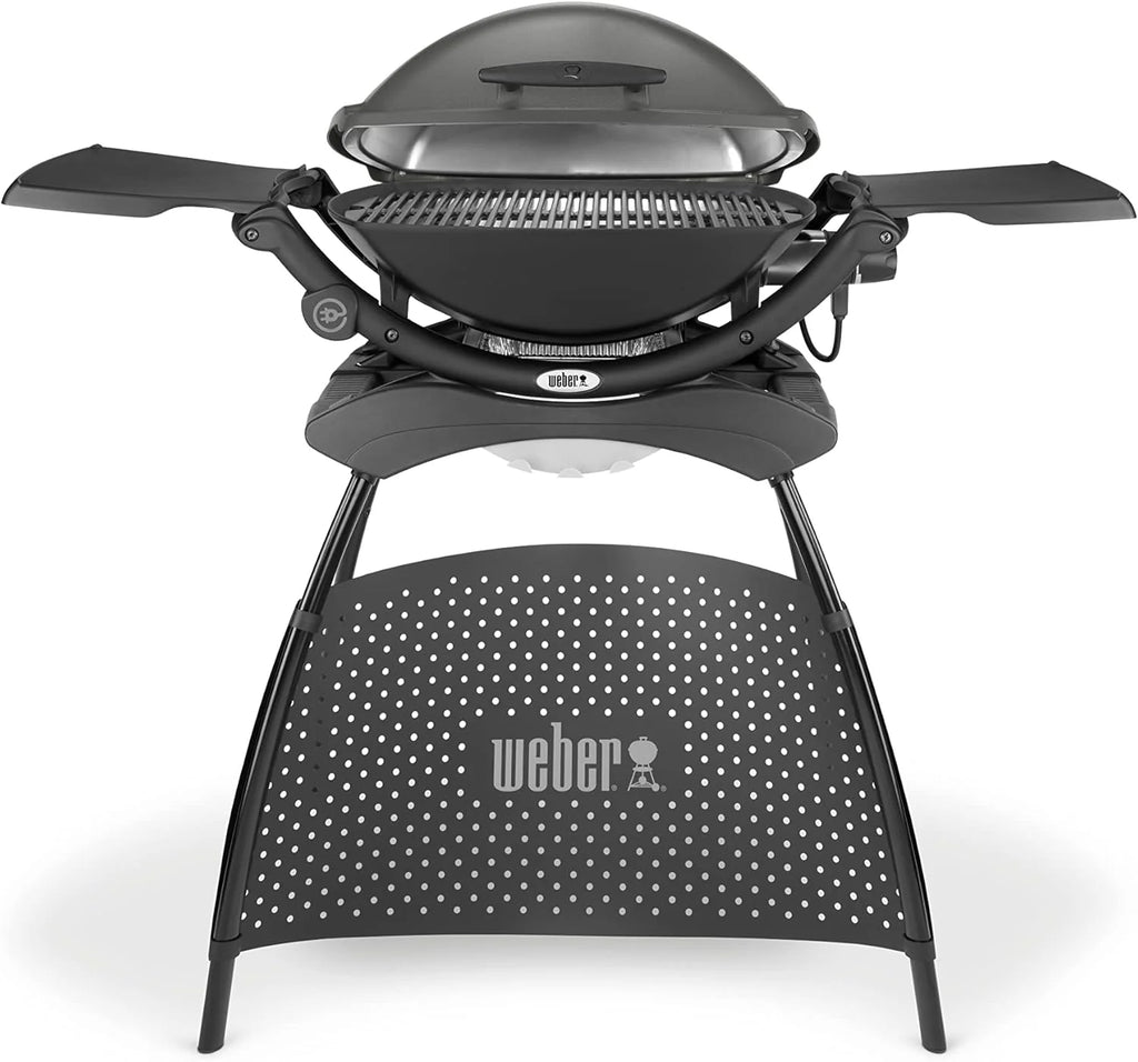 Parrilla eléctrica Weber Q2400 de 2026 con soporte y mesas laterales, superficie de cocción de 54 x 39 cm, portátil, rejilla de cocción de hierro fundido esmaltado en porcelana de 2 piezas, tapa y carcasa de aluminio fundido – Gris oscuro (55020879)