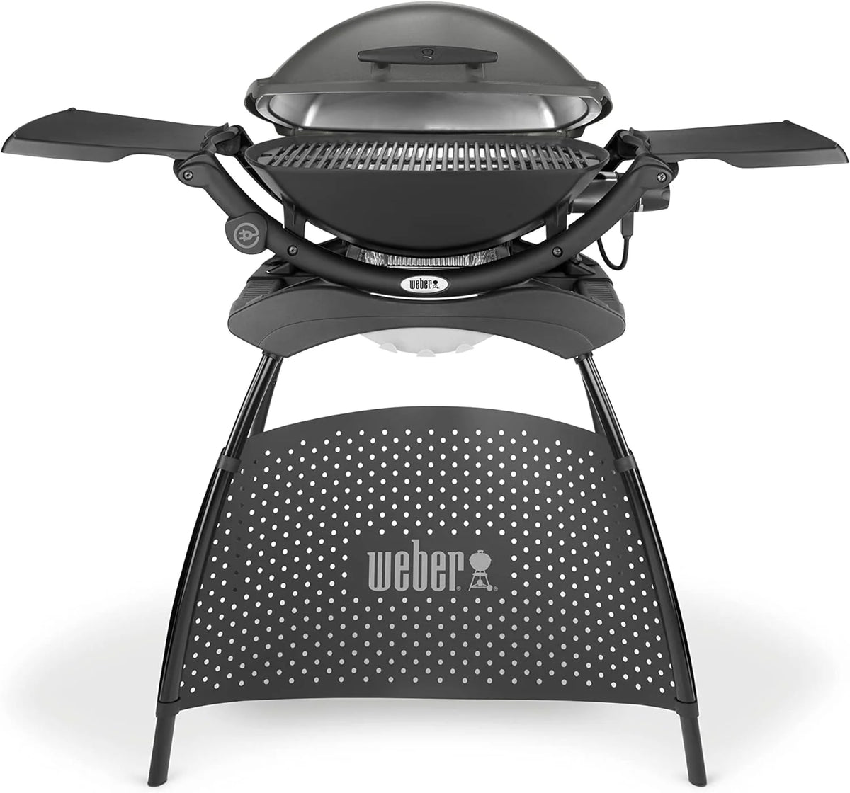 Parrilla eléctrica Weber Q2400 de 2026 con soporte y mesas laterales, superficie de cocción de 54 x 39 cm, portátil, rejilla de cocción de hierro fundido esmaltado en porcelana de 2 piezas, tapa y carcasa de aluminio fundido – Gris oscuro (55020879)
