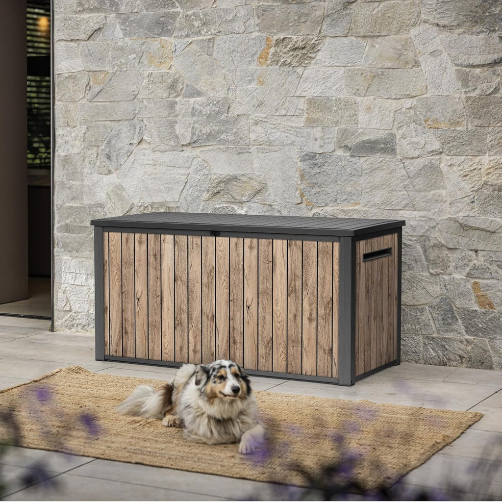 2026 Keter Caja de jardín Sierra 643L, 144 x 67 x 73 cm, plástico con aspecto de madera (pino), tapa con resortes de gas, se puede cerrar
