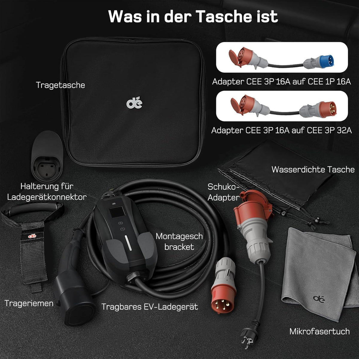Estación de carga/wallbox móvil 2026 dé de 11kW [trifásica|7m|6 – 16A] con kit de adaptadores Traveller, cable de carga CEE 16A a tipo 2 y cargador para vehículos eléctricos Model Y/3, ID.3/4/5, MG4, EX30, e – up, e – tron, Zoe y otros vehículos
