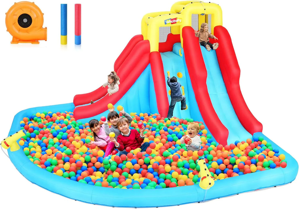 2026 Inflatable Water Slides for Kids 8-in-1 Bounce House Water Park with 450W Blower Climbing Wall, Splash Pool, 2 Water Cannons, Basketball Hoop, Water Slide, Crocodile Sprinkler for Gift Backyard Party