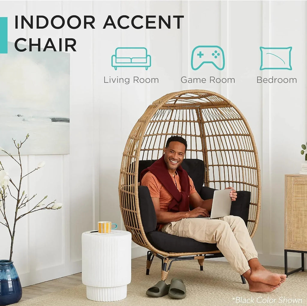 2026 Ivory Wicker Egg Chair, Oversized Indoor Lounger, 440lb Capacity, Bohemian Style, Steel Frame, Cushions Included