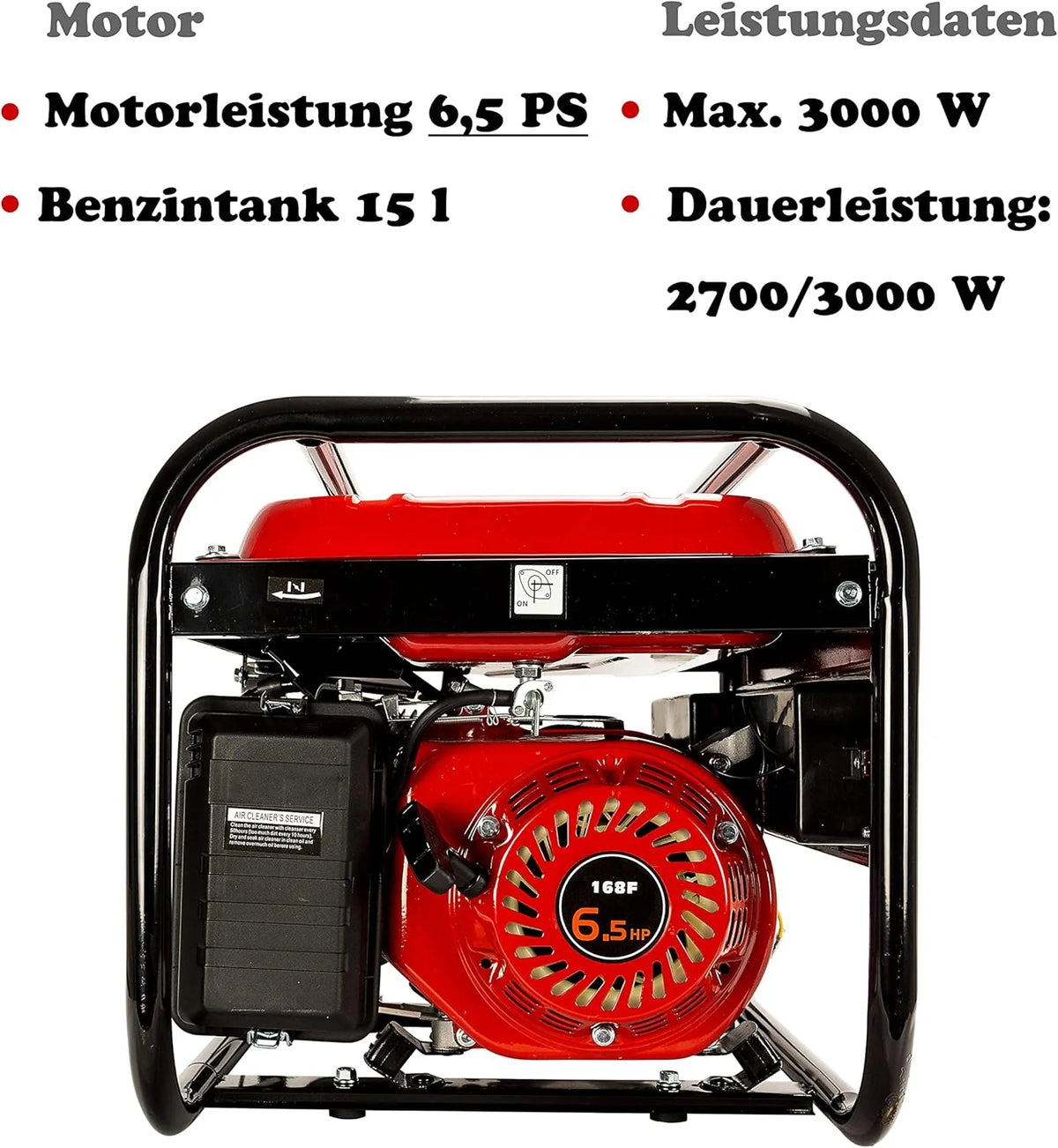 Generador de gasolina 2026 | Generador eléctrico con accesorios | Generador de emergencia silencioso | 5 tomas de corriente: 3 x 230 V / 1 x 400 V / 1 x 12 V | 6,5 CV (Generador con arranque por cuerda)