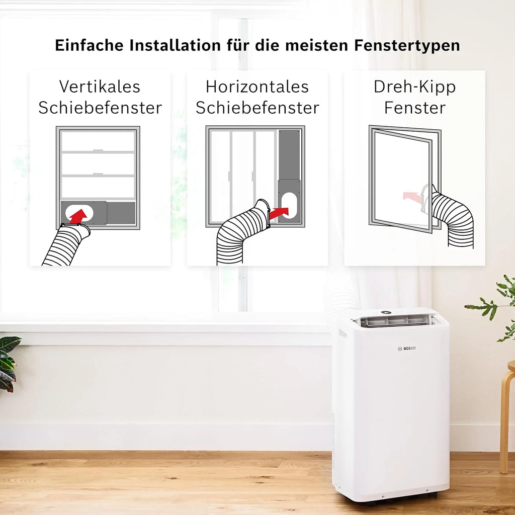 Aire acondicionado portátil Bosch Cool 4000 (modelo 2026) – 3 en 1: Aire acondicionado, deshumidificador y ventilador – 2,6 kW para habitaciones de hasta 35 m² – Con modo automático, modo silencioso y modo reposo.