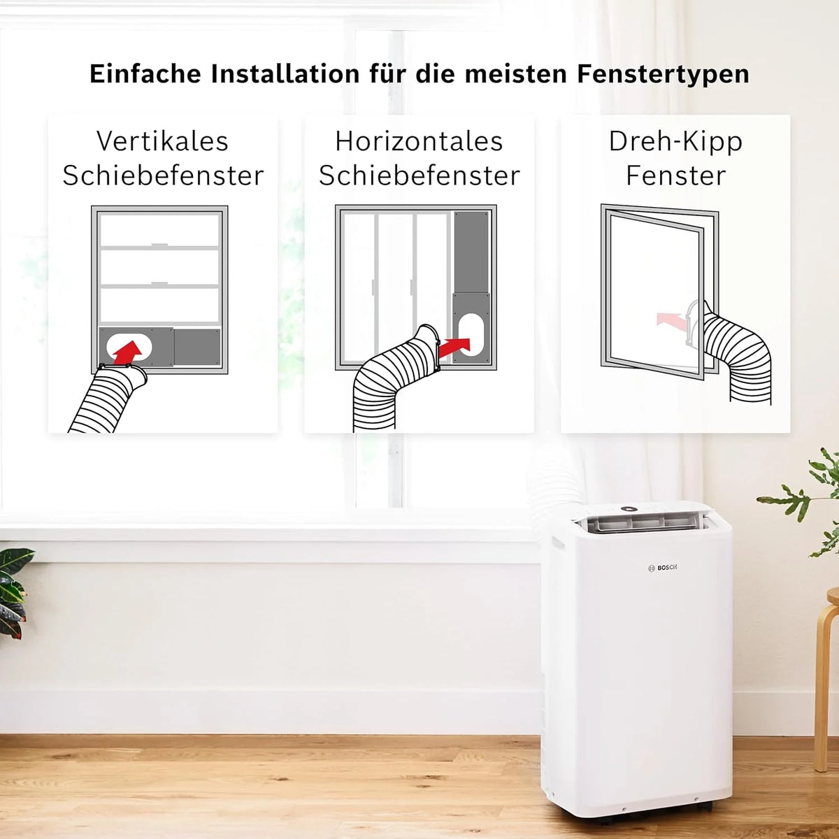 Aire acondicionado portátil Bosch Cool 4000 (modelo 2026) – 3 en 1: Aire acondicionado, deshumidificador y ventilador – 2,6 kW para habitaciones de hasta 35 m² – Con modo automático, modo silencioso y modo reposo.