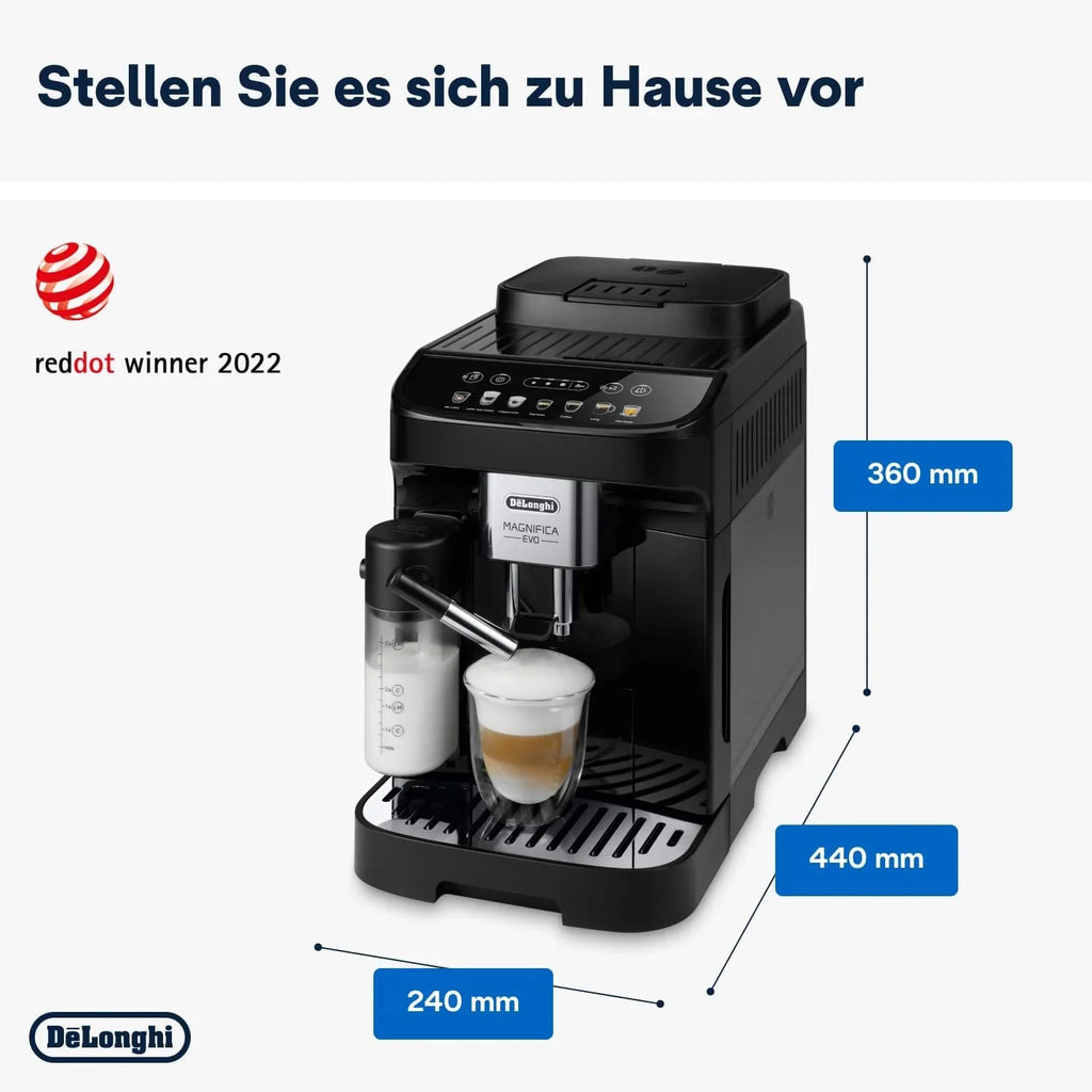 Cafetera automática De'Longhi Magnifica Evo ECAM 292.81.B (modelo 2026) con sistema de leche LatteCrema, 7 botones de selección directa para capuchino, espresso y otras especialidades de café, función para 2 tazas, color negro.