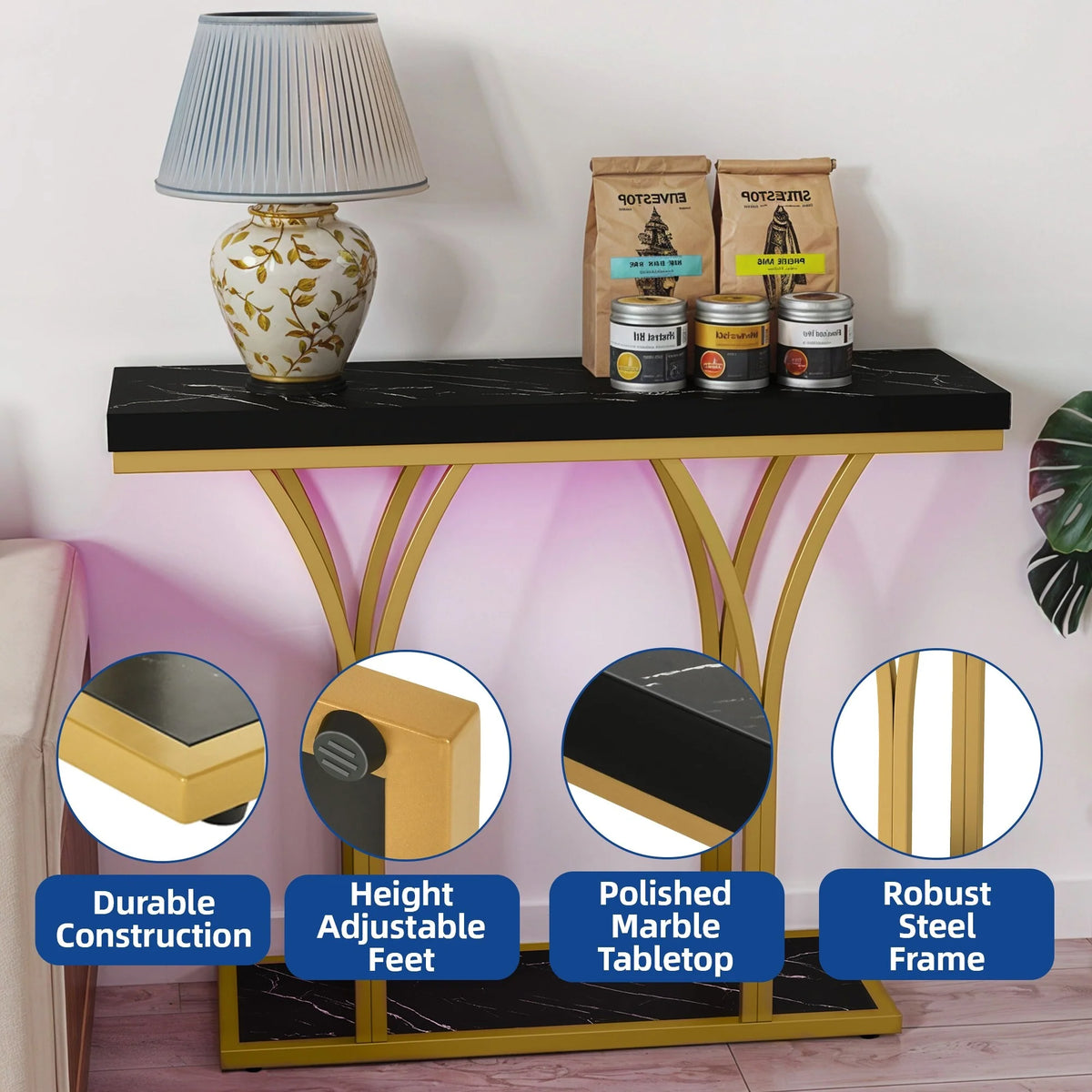 2026 Modern Gold Console Table with Marbled Top, Sofa Table for Entryway and Hallway