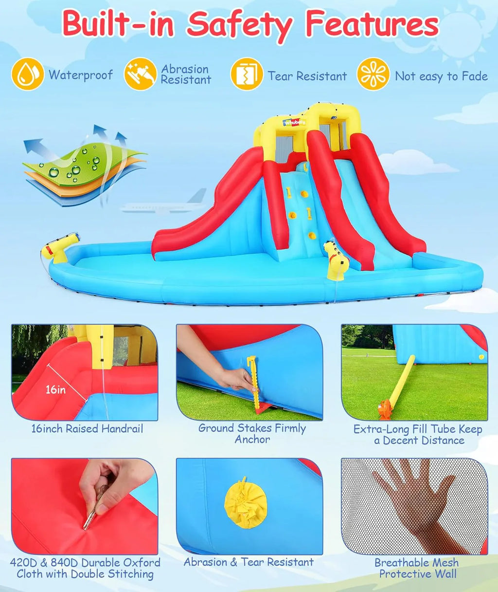 2026 Inflatable Water Slides for Kids 8-in-1 Bounce House Water Park with 450W Blower Climbing Wall, Splash Pool, 2 Water Cannons, Basketball Hoop, Water Slide, Crocodile Sprinkler for Gift Backyard Party