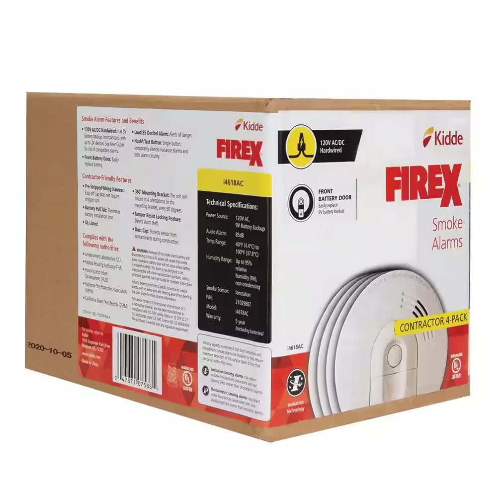 2026 i4618 4-Pack Hardwired Smoke Alarm with Ionization Sensor, 120V AC, 9V Battery Backup