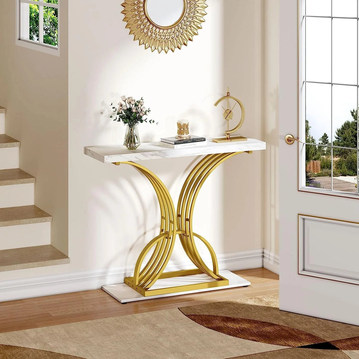 2026 Modern Gold Console Table with Marbled Top, Sofa Table for Entryway and Hallway