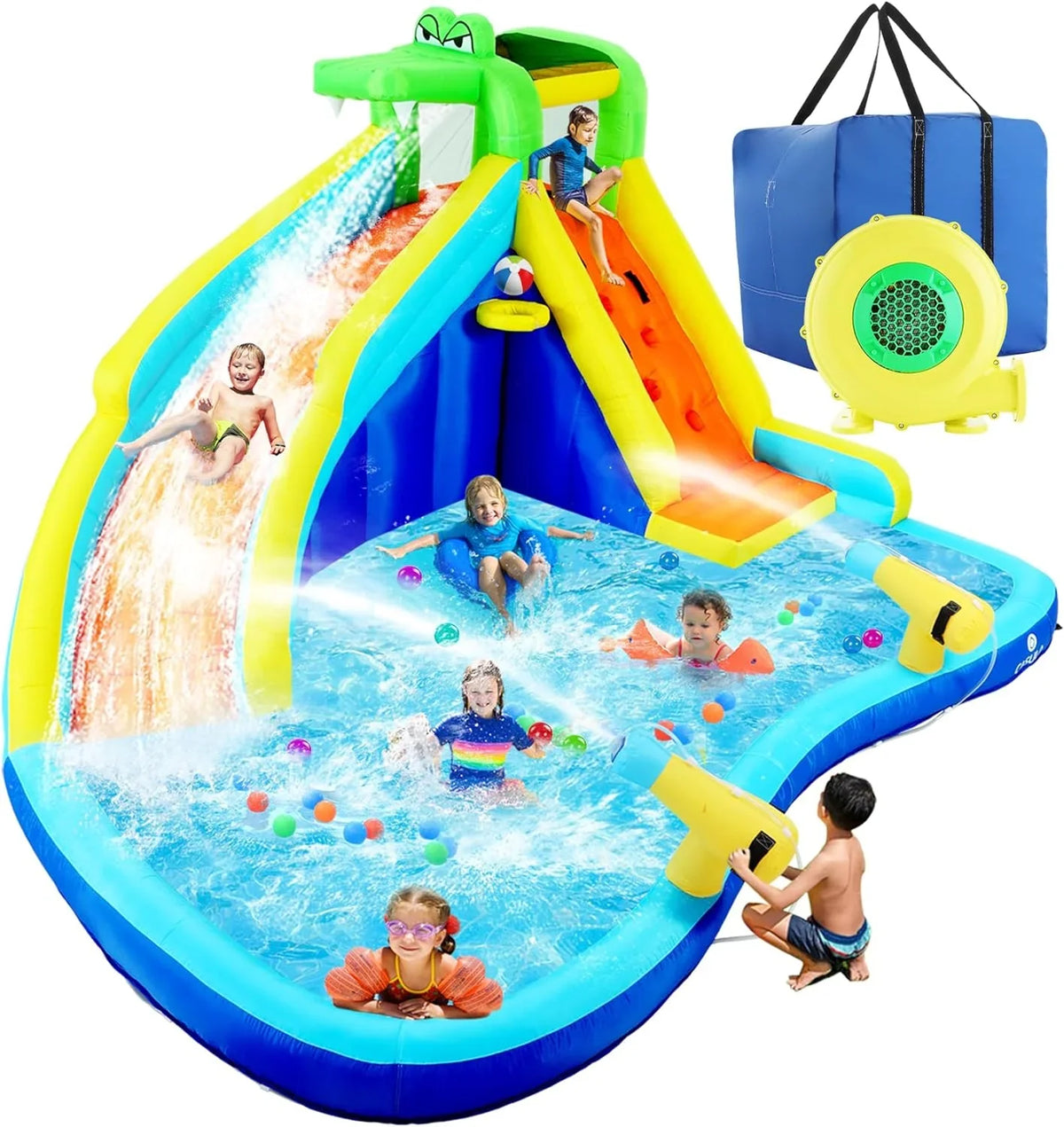 2026 Inflatable Water Slides for Kids 8-in-1 Bounce House Water Park with 450W Blower Climbing Wall, Splash Pool, 2 Water Cannons, Basketball Hoop, Water Slide, Crocodile Sprinkler for Gift Backyard Party